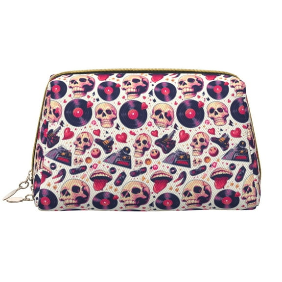 Picia Skull lips record Guitar Print Leather Makeup Bag Make Up Bag Travel Toiletry Bag for Her Girlfriend Teacher Teen Girl Gifts