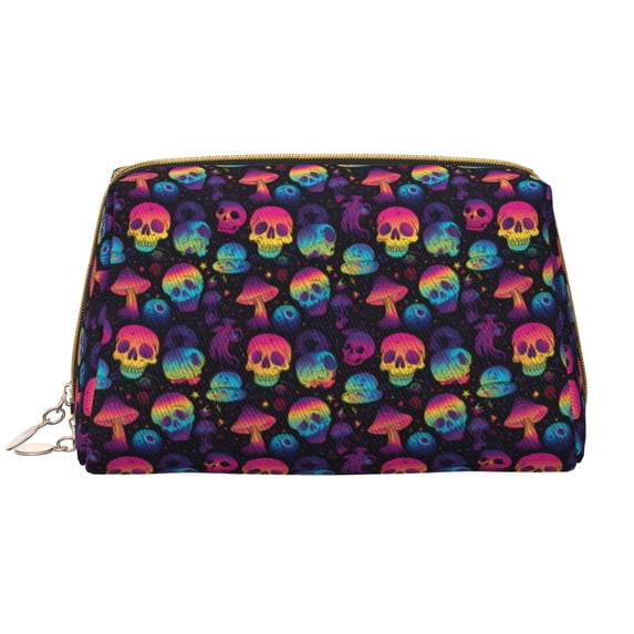 Picia Skull mushroom colorful Print Leather Makeup Bag Make Up Bag Travel Toiletry Bag for Her Girlfriend Teacher Teen Girl Gifts