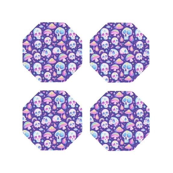 Picia Skull mushroom colorful Printed Leather Coasters for Drinks, 4" Drink Coasters Set of 4 for Tabletop Protection, Handmade Luxurious Home Décor and Housewarming Gift -Octagon
