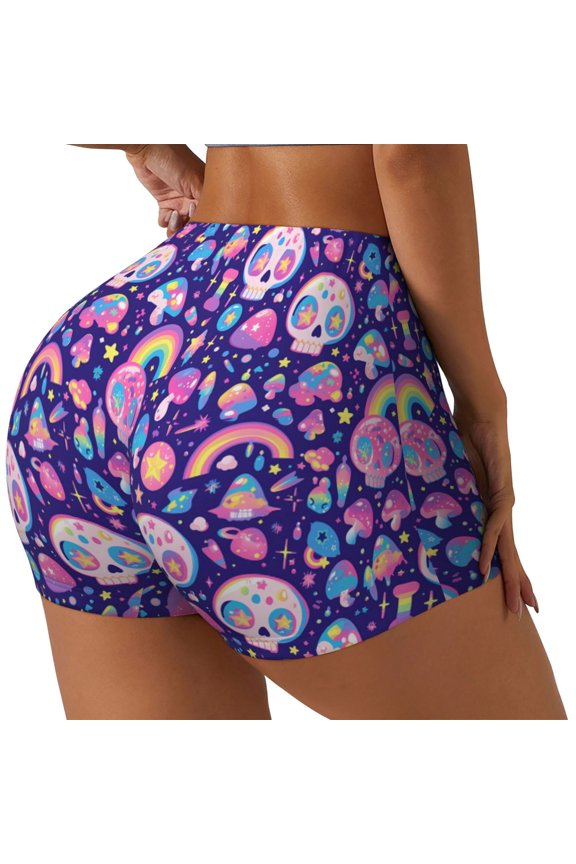 Skull mushroom rainbow Printed Workout Shorts for Women Seamless Scrunch Butt Lifting High Waisted Yoga Gym Booty Running Moisture-wicking Short Pants-
