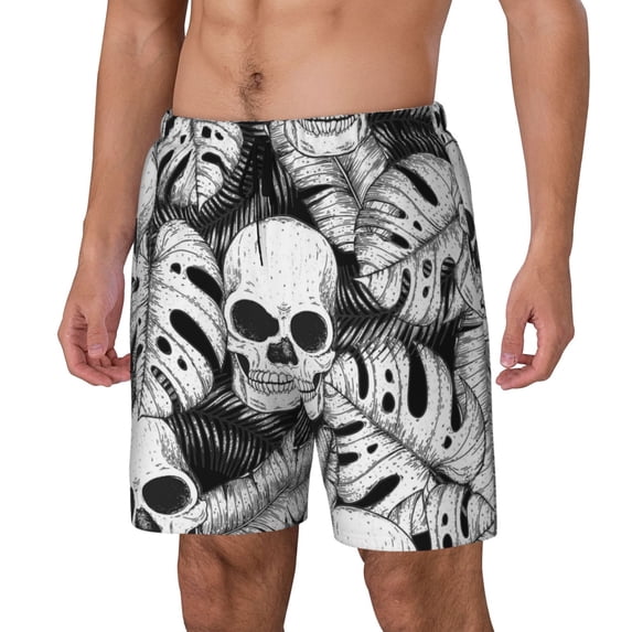 Picia Skull and palm leaves pattern Mens Swim Trunks with Compression Liner Stretch Beach Shorts Quick Dry with Zipper Pockets No-Chafing Board Shorts-Small