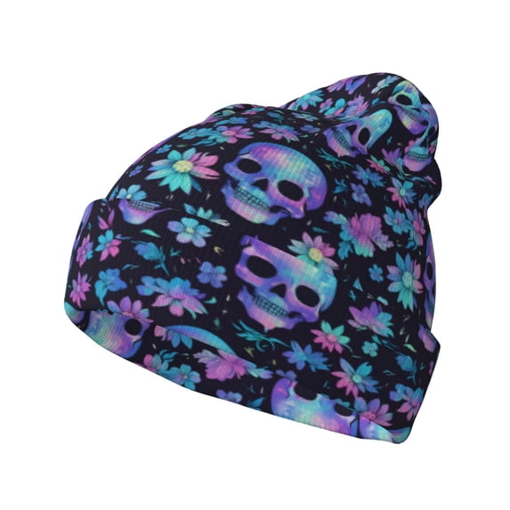 Picia Skull purple flower Pattern Knitted Beanie Hat for Men and Women , Unisex Winter Warm Stretchy Knit Cap Thick Fisherman Beanies Cuffed Plain Skull Caps
