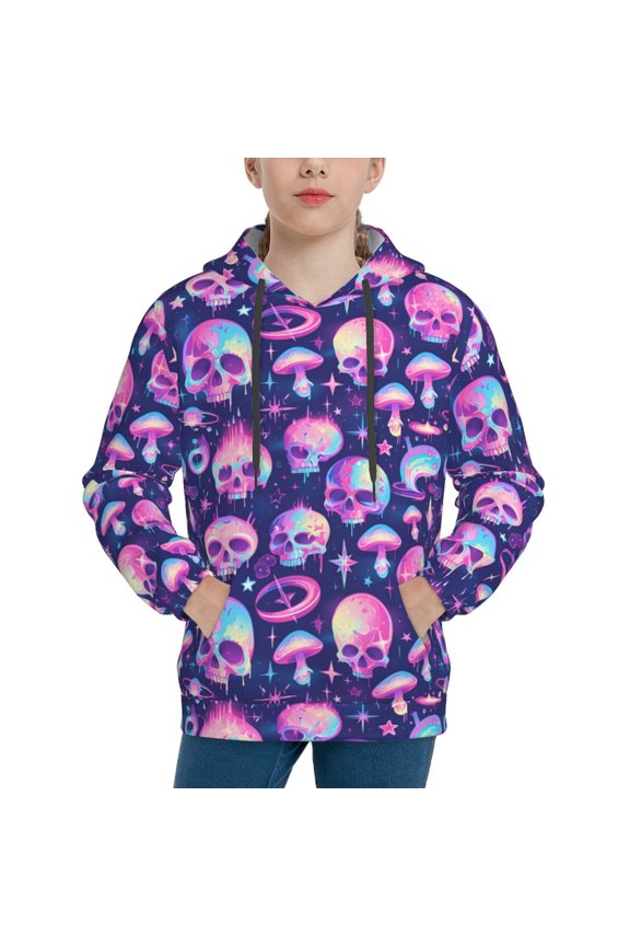 Skull rainbow color Pattern Youth Hoodie - Warm Pullover Sweatshirt with Kangaroo Pocket, Ideal for Boys and Girls-Small
