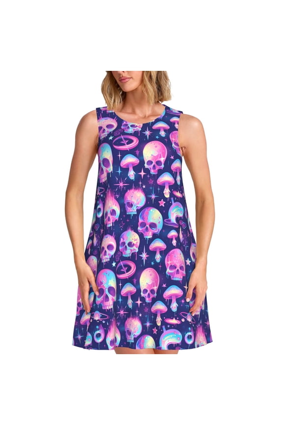 Skull rainbow color Print Women’s Sleeveless Midi Swing Dress – A-Line Pleated Tank Sundress, Comfortable and Flowy T-Shirt Dress