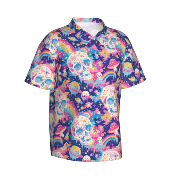 Picia Skull rainbow color space Gentle Cotton Regular Fit Short Sleeve Casual Hawaiian Shirt for Men-3X-Large