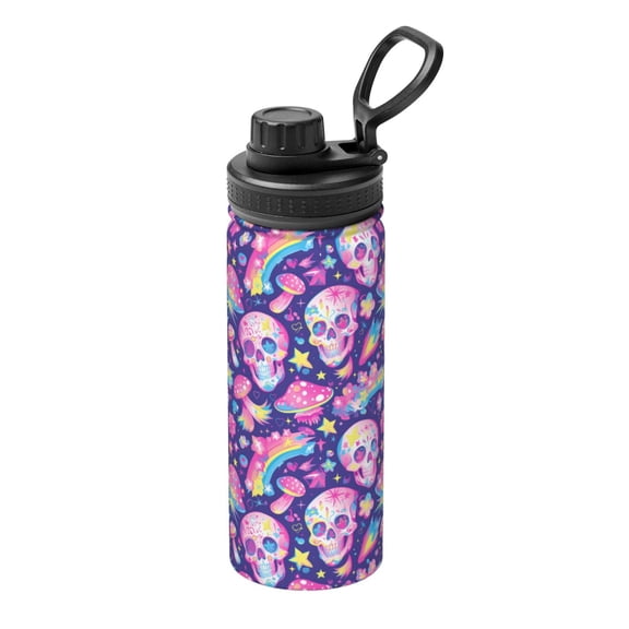 Picia Skull rainbow mushroom colorful Pattern Water Bottle 18 oz Stainless Steel Insulated Bottles With Handle Leak Proof Gym Sport Water Jug BPA-free insulated kettle For Men Women Adults