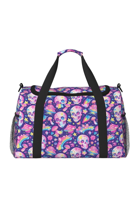 Skull rainbow mushroom colorful Print Travel Duffle Bag,Weekender Bags for Women with Shoe Compartment, Gym Duffel Bag with Wet Pocket, Hospital Bags for Labor and Delivery