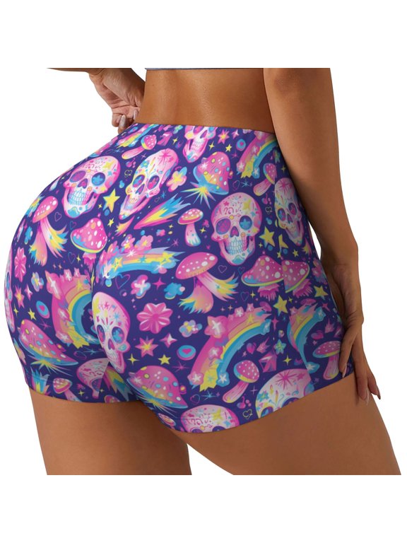 Skull rainbow mushroom colorful Printed Workout Shorts for Women Seamless Scrunch Butt Lifting High Waisted Yoga Gym Booty Running Moisture-wicking Short Pants-Large