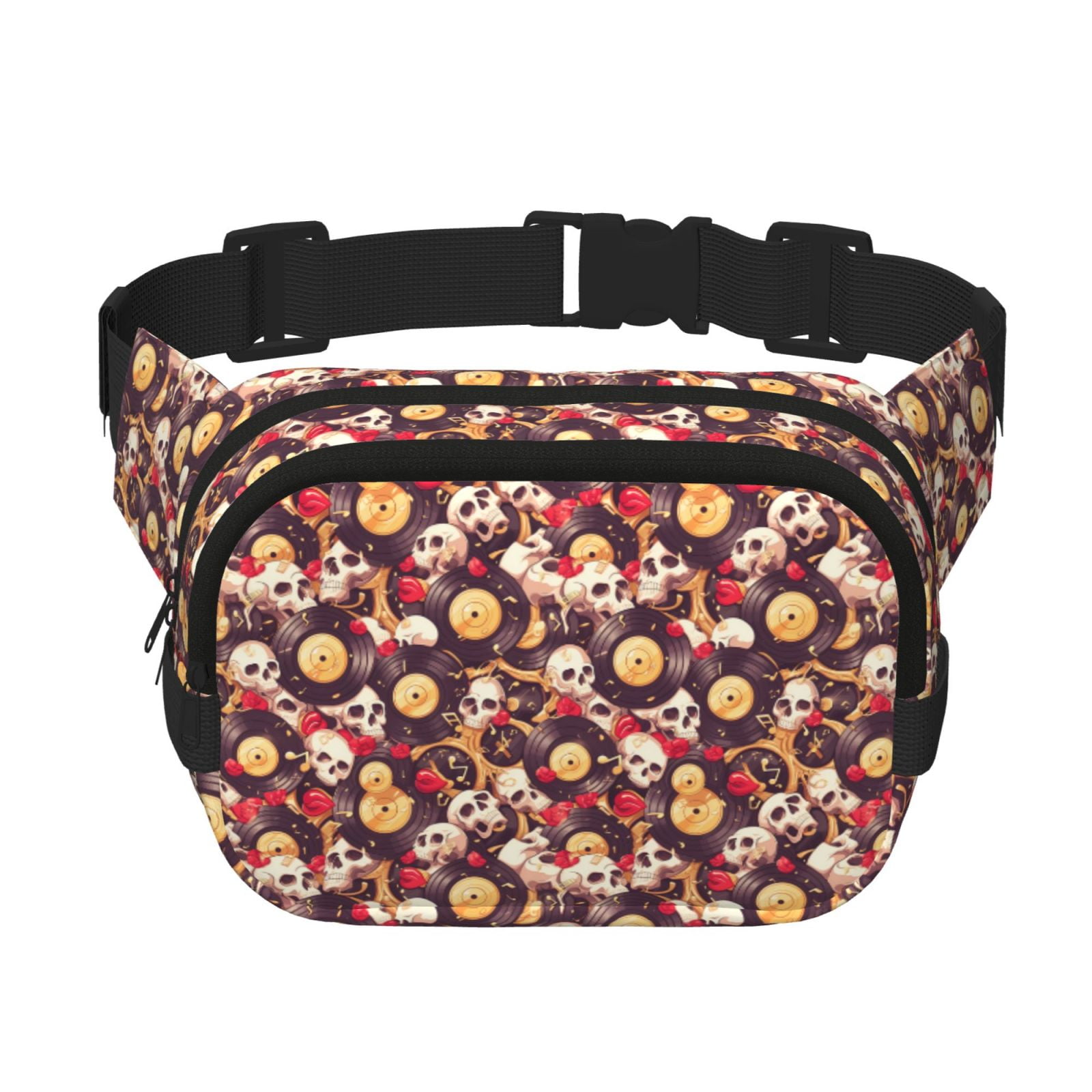 Picia Skull record lips Print Square Double-Layer Waist Bag Mini Adjustable Waist Belt Bag Exercise Running Travel Hiking