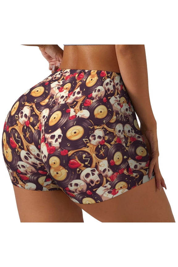 Skull record lips Printed Workout Shorts for Women Seamless Scrunch Butt Lifting High Waisted Yoga Gym Booty Running Moisture-wicking Short Pants-Medium