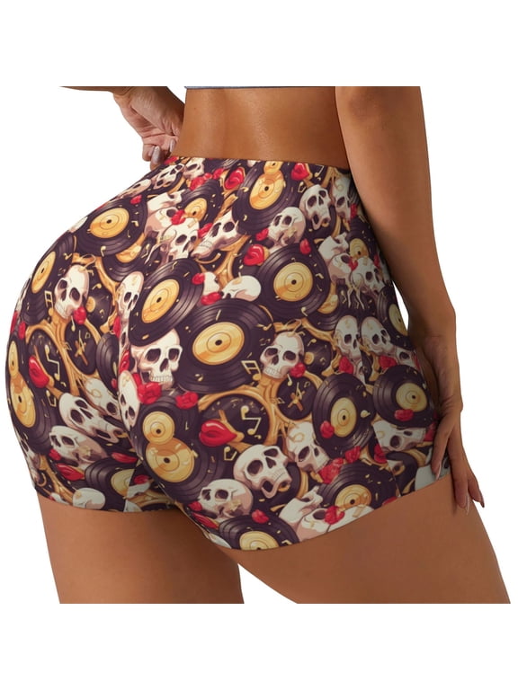 Skull record lips Printed Workout Shorts for Women Seamless Scrunch Butt Lifting High Waisted Yoga Gym Booty Running Moisture-wicking Short Pants-XX-Large