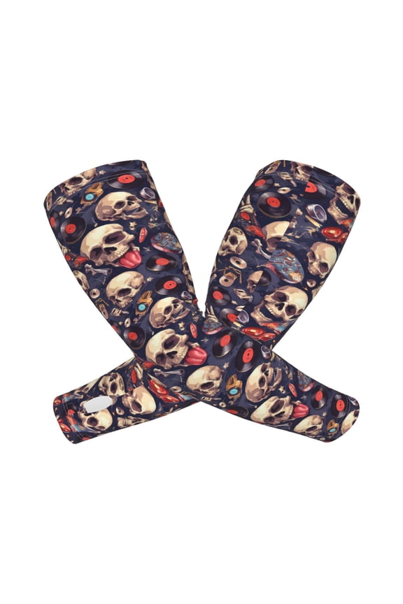 Skull record rock Arm Sleeves for Men and Women - Tattoo Cover Up UPF 50+ Cooling Sports Sleeve for Basketball Golf Football-One Size