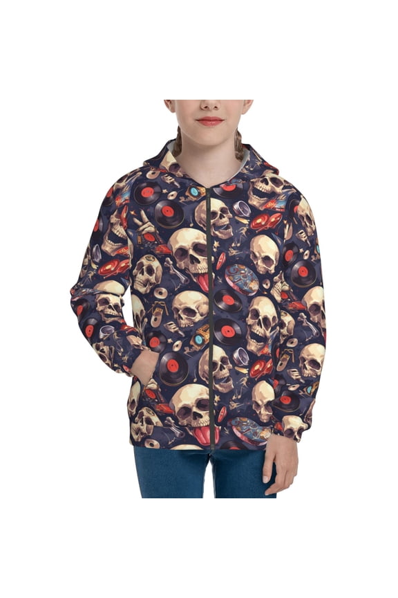Skull record rock for Boys Fashion Full-zip Hoodies & Sweatshirts with Kangaroo Pocket,Zip-up Hooded Sweatshirt for Kid, Moisture Wicking & Breathable-Medium