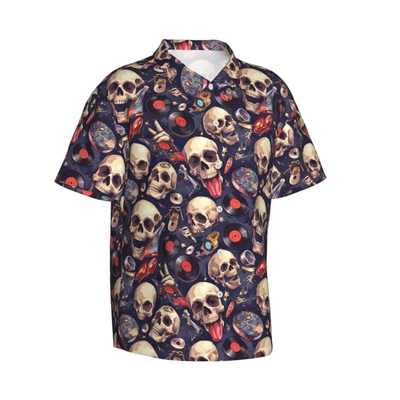 Picia Skull record rock Gentle Cotton Regular Fit Short Sleeve Casual Hawaiian Shirt for Men-XX-Large