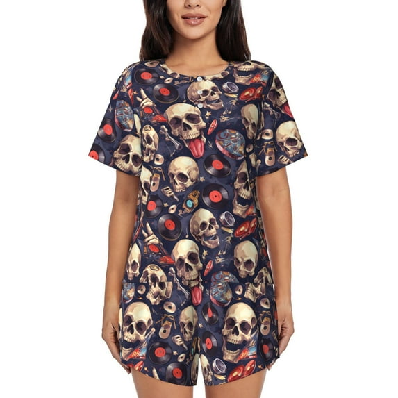 Picia Skull record rock Pajamas Sets for Women Soft Short-Sleeved Pjs with Lounge Shorts Two Piece Sleepwear-3X-Large