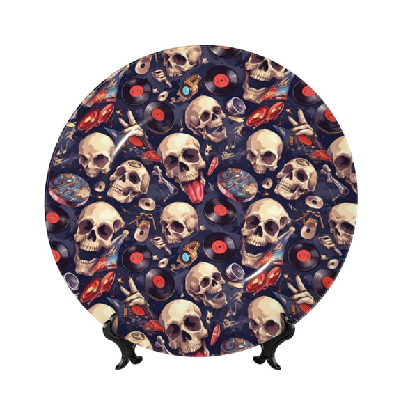 Picia Skull record rock Pattern Bone China Decorative Plate – Wall Decor with Stand and Adhesive, Elegant Ornament for Living Room, Office, or Entryway-10in