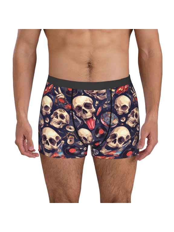 Skull record rock Pattern Men’s Boxer Briefs – Soft & Breathable Underwear, Stretchy & Comfortable Fit, Supportive Pouch Design, Moisture-Wicking-Large