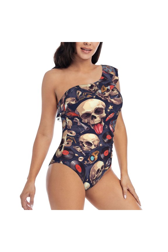 Skull record rock Pattern Women's One Piece Swimsuits,One Shoulder Swimwear Asymmetric ,Ruffle Monokinis Bathing Suits,High Waisted Flattering Bathing Suits-Medium