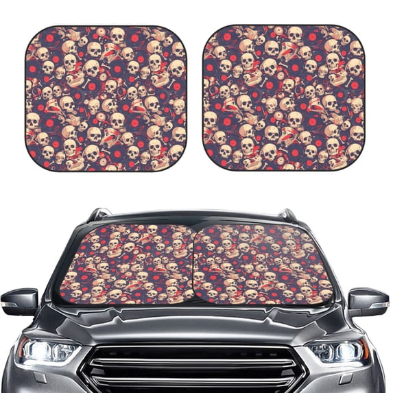 Picia Skull rock music record 2 Piece Car Windshield Sun Shade Foldable | Foldable Sun Shield for Front Window Blocks UV Rays and Keeps Your Vehicle Cool-Small