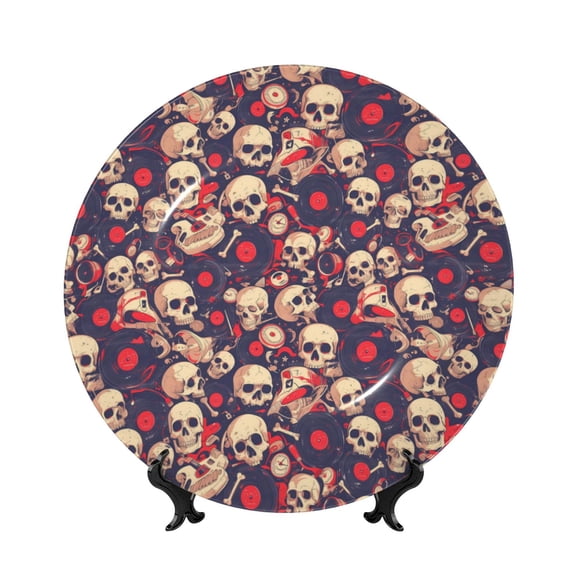 Picia Skull rock music record Pattern Bone China Decorative Plate – Wall Decor with Stand and Adhesive, Elegant Ornament for Living Room, Office, or Entryway-7in