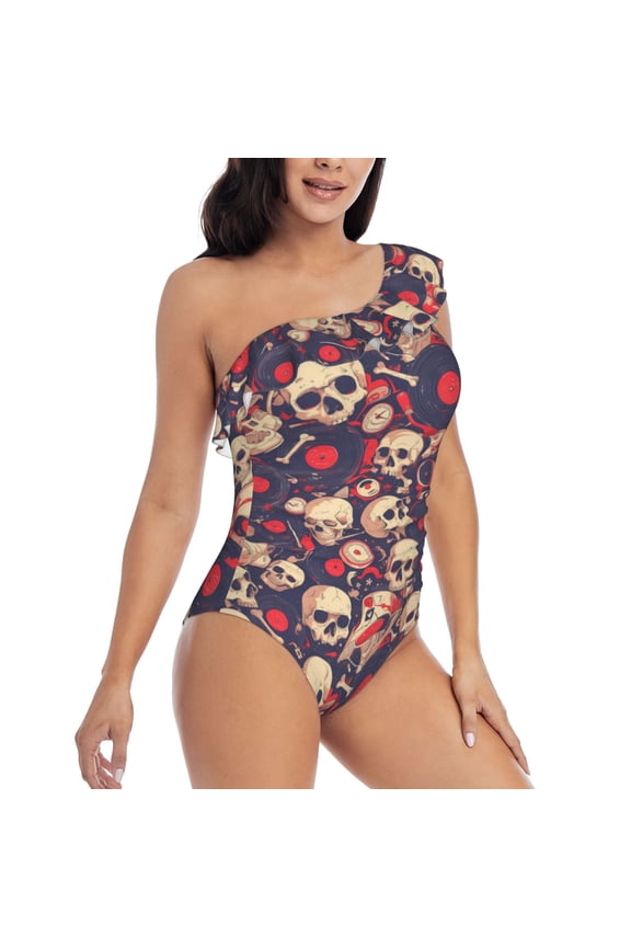Skull rock music record Pattern Women's One Piece Swimsuits,One Shoulder Swimwear Asymmetric ,Ruffle Monokinis Bathing Suits,High Waisted Flattering Bathing Suits-Large