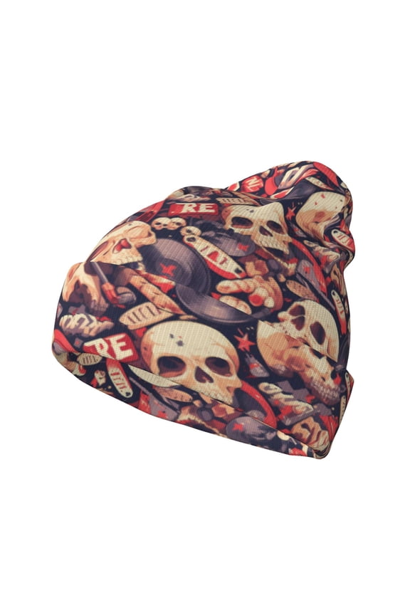 Skull rock record artist Pattern Knitted Beanie Hat for Men and Women , Unisex Winter Warm Stretchy Knit Cap Thick Fisherman Beanies Cuffed Plain Skull Caps