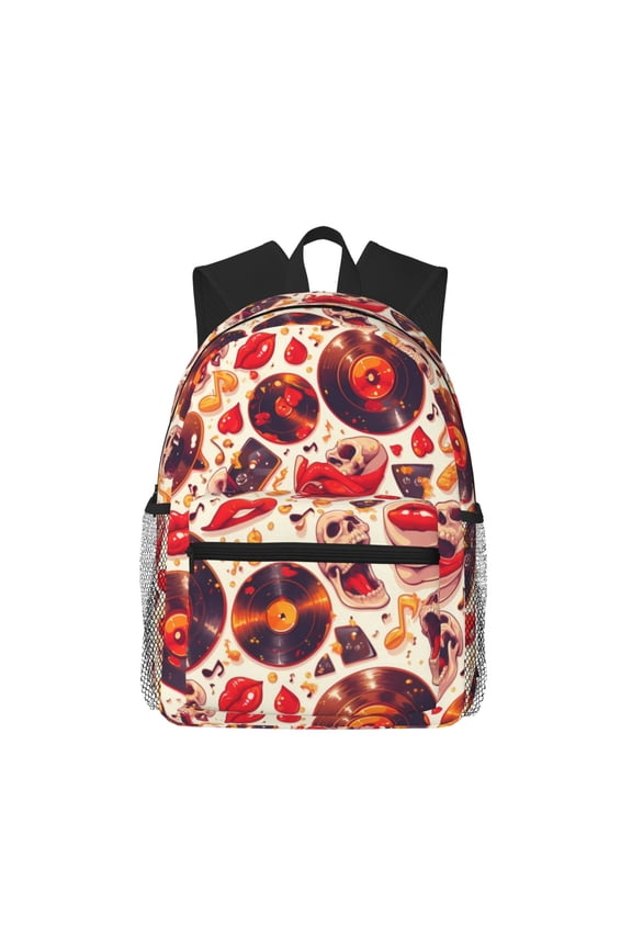 Skull rock record music heart Large Capacity Backpack Classic Style Backpack Casual Backpack Water-Resistant School Work Travel Outdoor Backpack