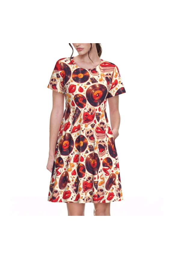 Skull rock record music heart Pattern Women's Short Sleeve Summer Dress Pleated Loose Swing Knee Length Short Sleeve Swing Dresses