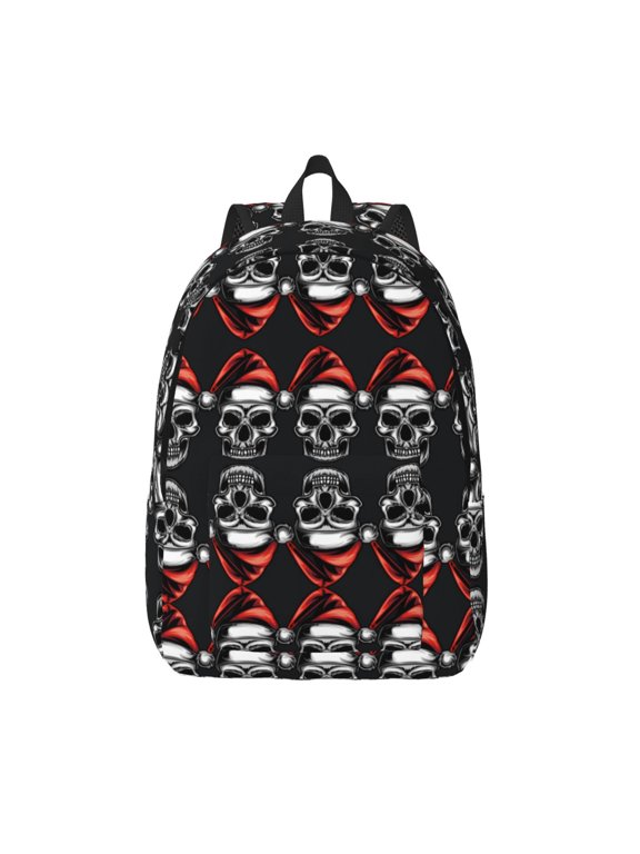 Skull santa hat Printed Canvas Daypack - Stylish and Durable Vintage Compact Backpack - Class, Work, Travel, or Laptop Bookbag,Organized Compartments-Small