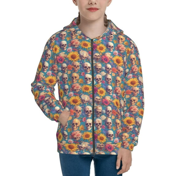 Picia Skull sunflower daisy for Boys Fashion Full-zip Hoodies & Sweatshirts with Kangaroo Pocket,Zip-up Hooded Sweatshirt for Kid, Moisture Wicking & Breathable-Small