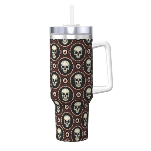 Picia Skulls And Red Eyeballs Pattern 40oz Ice Bully Insulated Tumbler with Handle, Double-Wall Stainless Steel Cup, Leak-Proof Lid and Straw