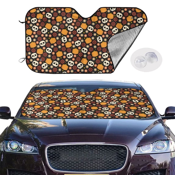 Picia Skulls Curved Windshield Sunshade Accordion Folding Style Auto Shade for Car Truck SUV Van Blocks UV Ray Sun Visor Protector -