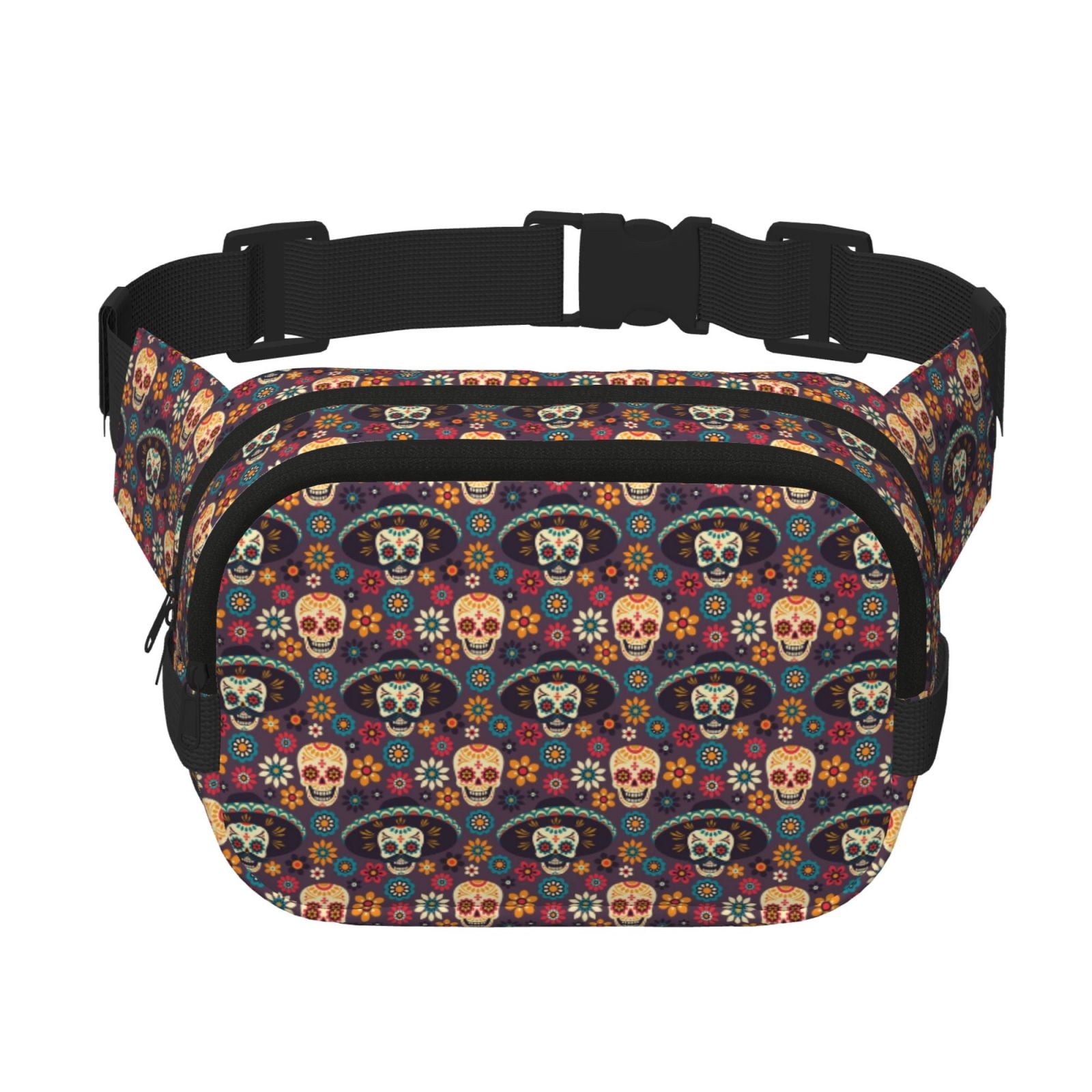 Picia Skulls and Flowers Print Square Double-Layer Waist Bag Mini Adjustable Waist Belt Bag Exercise Running Travel Hiking