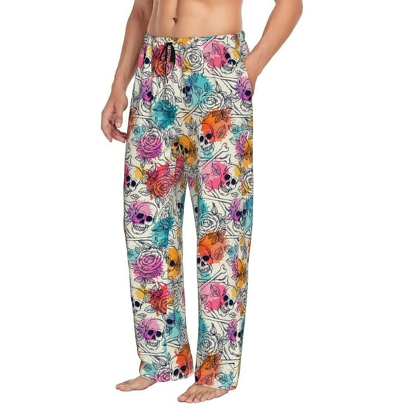 Picia Skulls and Roses Mens Soft Woven Cotton Elastic Waistband Sleep Pajama Pant Lounge Sleep Pant With Pockets And Drawstring-Small