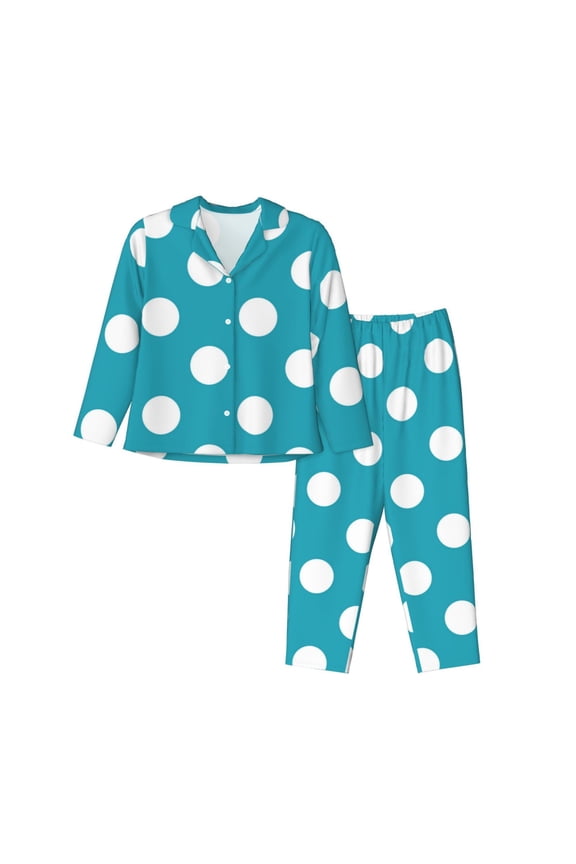 Sky Blue And White Polka Dot Pattern Women’s Long-Sleeve Sleepwear Set - Soft 2-Piece Loungewear with Pockets, Comfy PJs for Relaxing Nights-X-Large