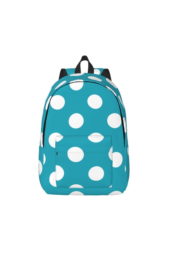 Sky Blue And White Polka Dot Printed Canvas Daypack - Stylish and Durable Vintage Compact Backpack - Class, Work, Travel, or Laptop Bookbag,Organized Compartments-Small