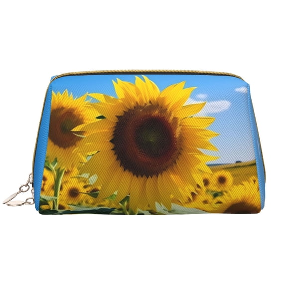 Picia Sky Golden Sunflower Field B Print Leather Makeup Bag Make Up Bag Travel Toiletry Bag for Her Girlfriend Teacher Teen Girl Gifts