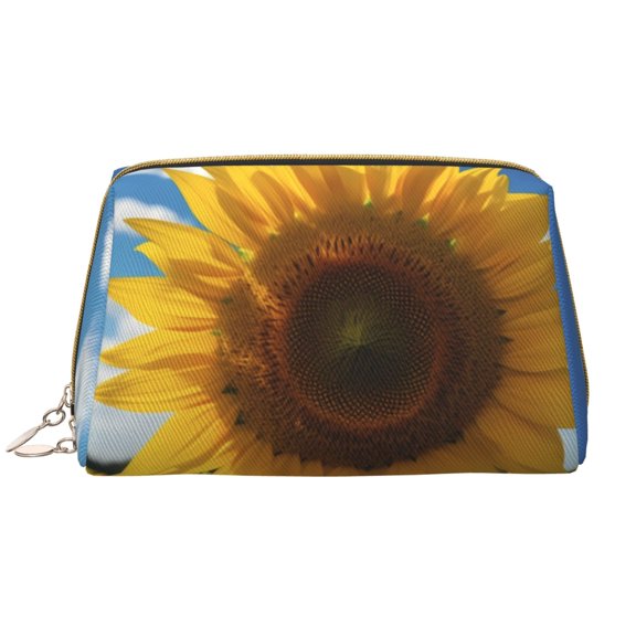 Picia Sky Golden Sunflower Field Print Leather Makeup Bag Make Up Bag Travel Toiletry Bag for Her Girlfriend Teacher Teen Girl Gifts