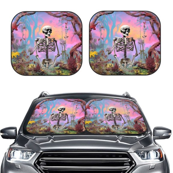 Picia Sky Sunflower Skull 2 Piece Car Windshield Sun Shade Foldable | Foldable Sun Shield for Front Window Blocks UV Rays and Keeps Your Vehicle Cool-Small