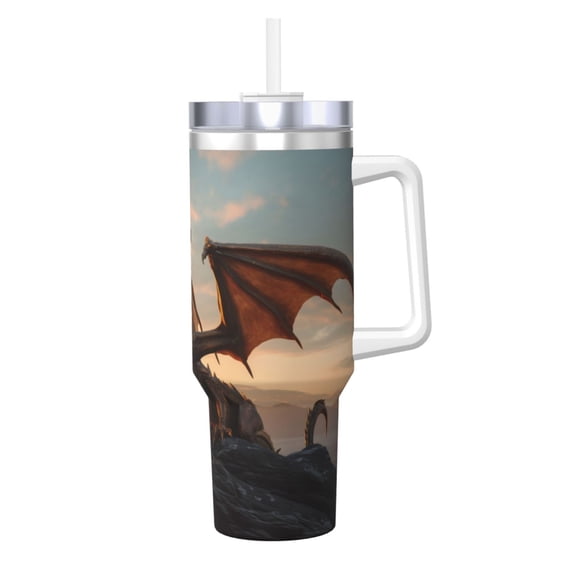 Picia Sky Sunset Bronze Dragon Pattern 40oz Ice Bully Insulated Tumbler with Handle, Double-Wall Stainless Steel Cup, Leak-Proof Lid and Straw