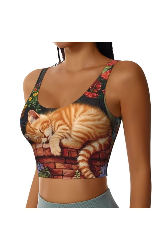 Sleeping Cat Flowers Sports Bra for Women,Padded Strappy Sports Bras Medium Support Yoga Bra with Removable Cups,Running Yoga Bra-Small