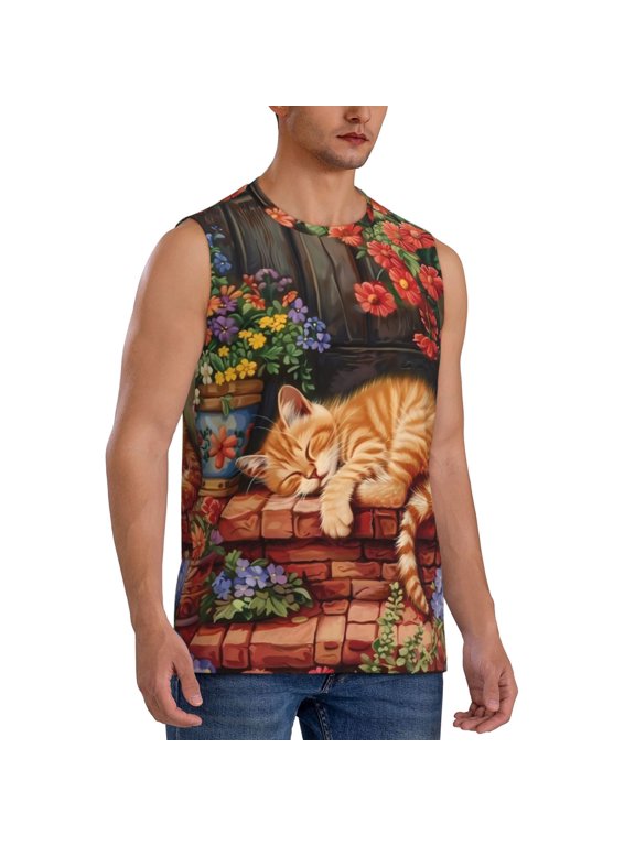 Sleeping Cat Flowers mens Cotton Tank Undershirts , Moisture-wicking Ribbed Tanks, Lightweight Cotton Tank Undershirts-X-Large