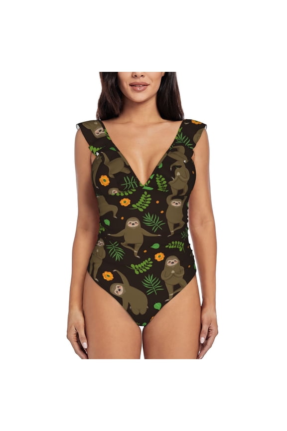 Sloth Doing Yoga Blooming Jelly Womens Tummy Control Bathing Suits Slimming Ruffle Swimsuit One Piece Lace Swimwear-