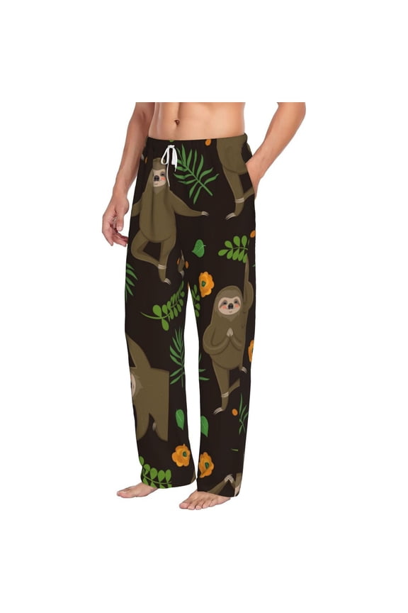 Sloth Doing Yoga Mens Soft Woven Cotton Elastic Waistband Sleep Pajama Pant Lounge Sleep Pant With Pockets And Drawstring-Large