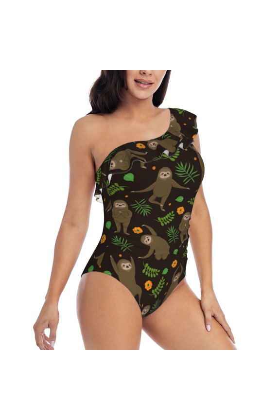 Sloth Doing Yoga Pattern Women's One Piece Swimsuits,One Shoulder Swimwear Asymmetric ,Ruffle Monokinis Bathing Suits,High Waisted Flattering Bathing Suits-
