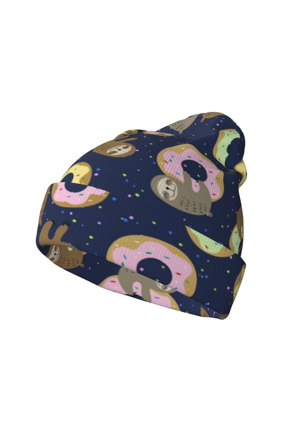 Sloth with Donuts Pattern Knitted Beanie Hat for Men and Women , Unisex Winter Warm Stretchy Knit Cap Thick Fisherman Beanies Cuffed Plain Skull Caps