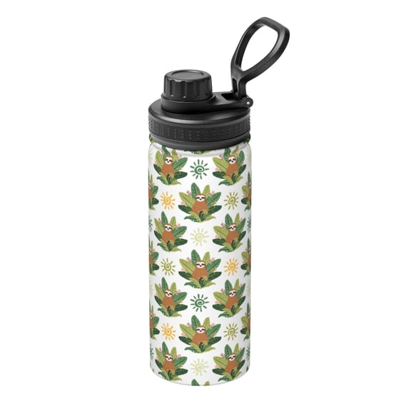 Picia Sloth Sitting Tropical Leaves Pattern Water Bottle 18 oz Stainless Steel Insulated Bottles With Handle Leak Proof Gym Sport Water Jug BPA-free insulated kettle For Men Women Adults