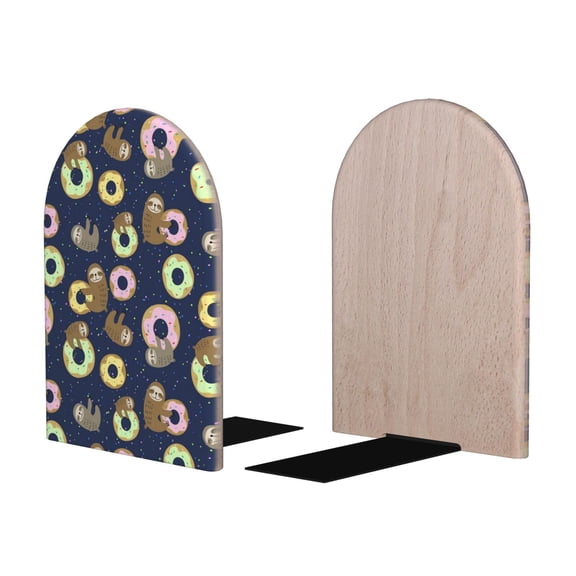 Picia Sloth with Donuts Pattern Wood Bookends for Shelves,Non-slip Bookends, Heavy Duty Wooden Bookend Support,1 Pair