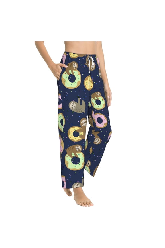 Sloth with Donuts Womens Soft Woven Cotton Elastic Waistband Sleep Pajama Pant Lounge Sleep Pant With Pockets And Drawstring-Small