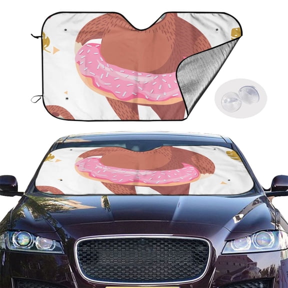 Picia Sloth with Donuts1 Curved Windshield Sunshade Accordion Folding Style Auto Shade for Car Truck SUV Van Blocks UV Ray Sun Visor Protector -